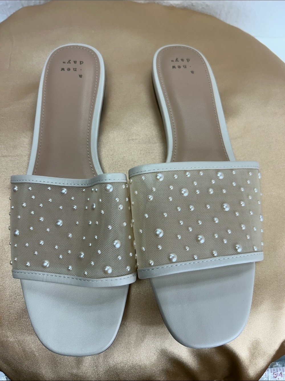 a new day Pearl-Embellished Cream Slide Sandals